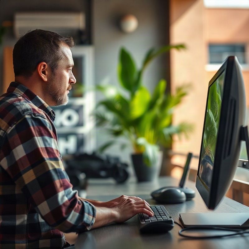 Técnico observando computador e cabos em pequeno comércio com proprietário ao lado